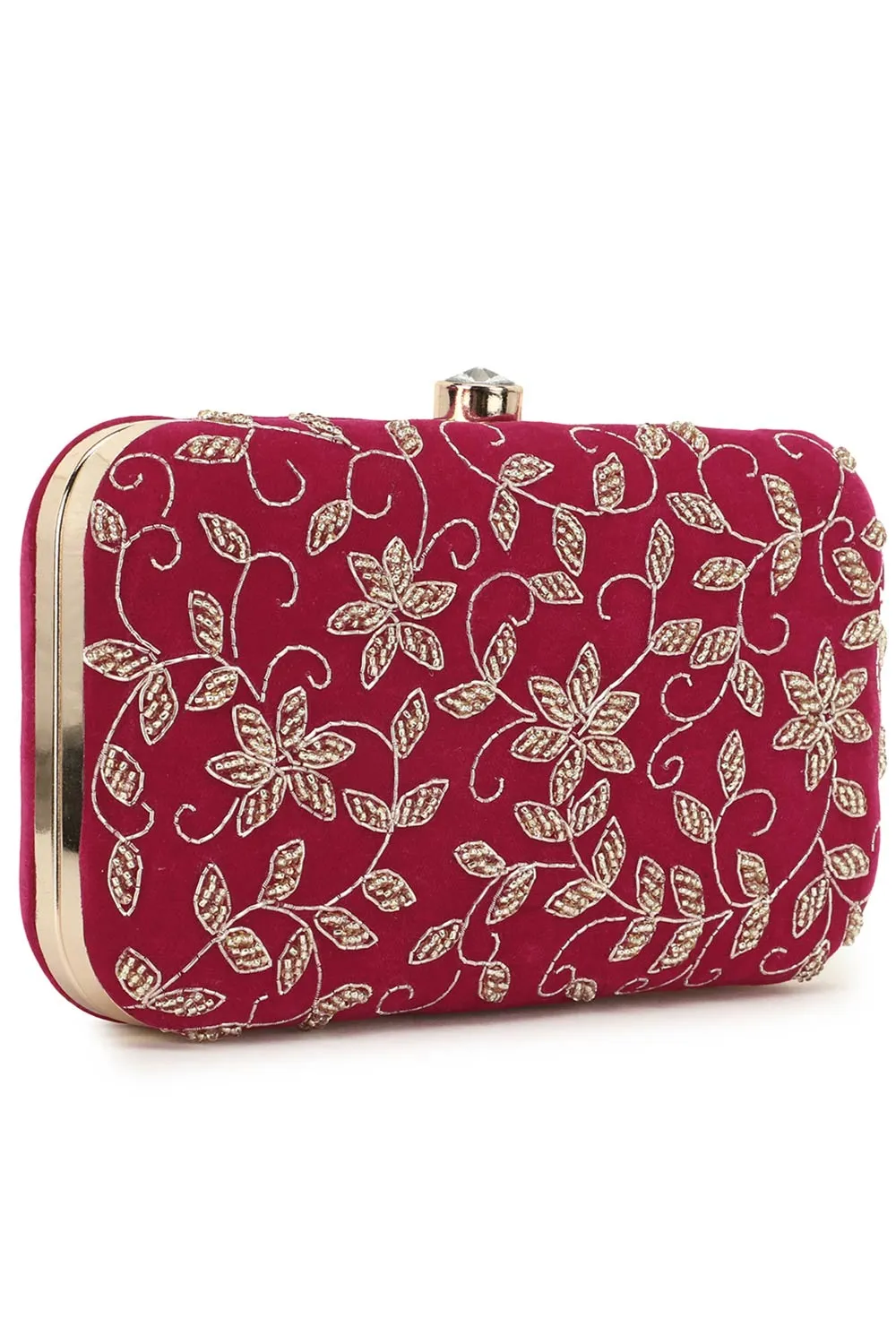 Adorn Magenta & Gold Botanical Embellished Velvet Clutch