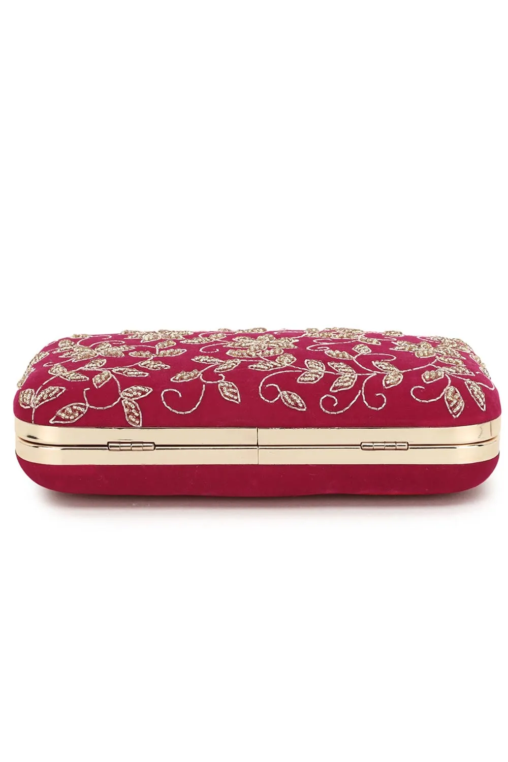 Adorn Magenta & Gold Botanical Embellished Velvet Clutch