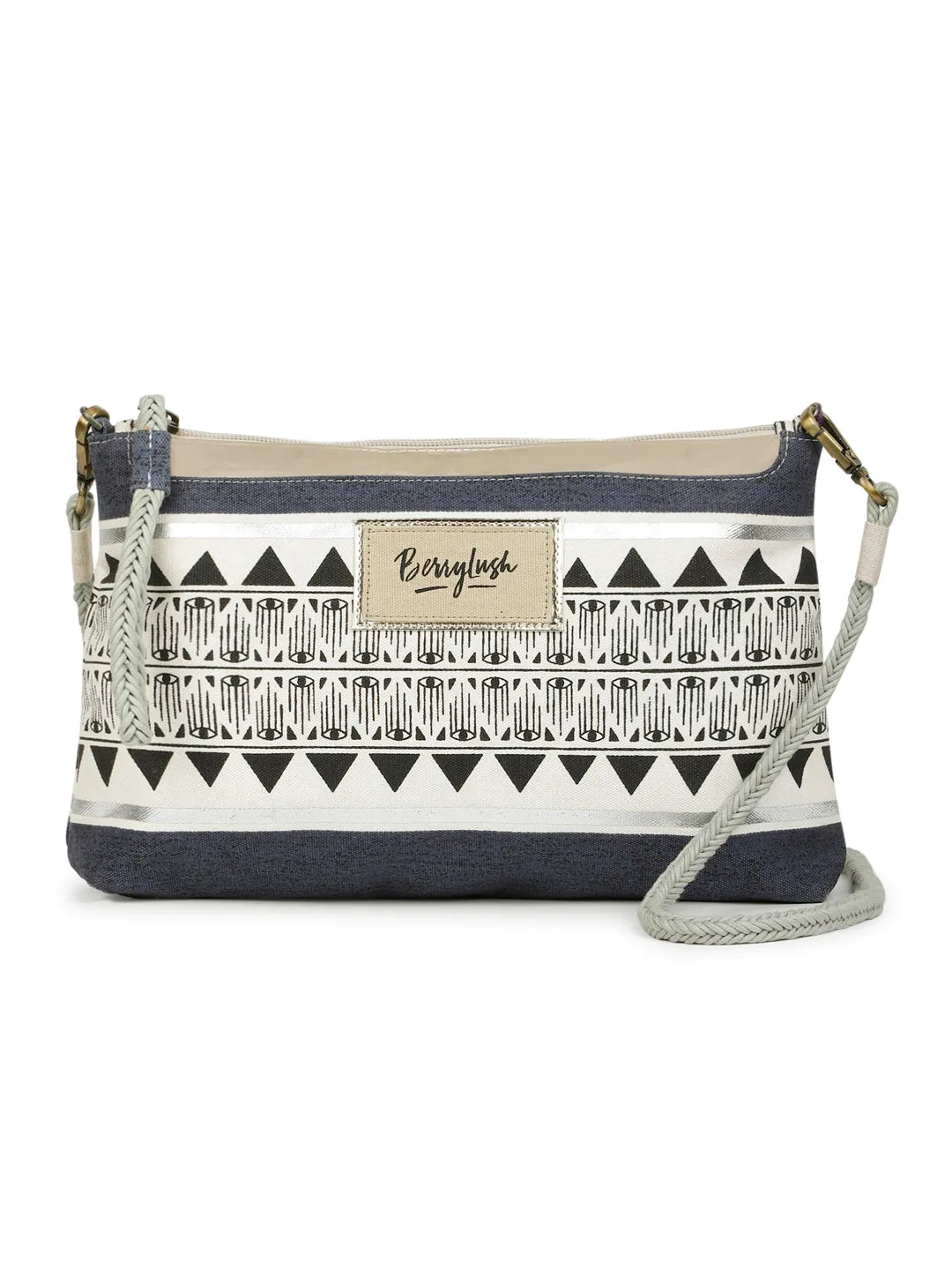 Berrylush Women Blue & White Ethnic Motif Printed Canvas Detachable Sling Strap Small Clutch/Sling Bag