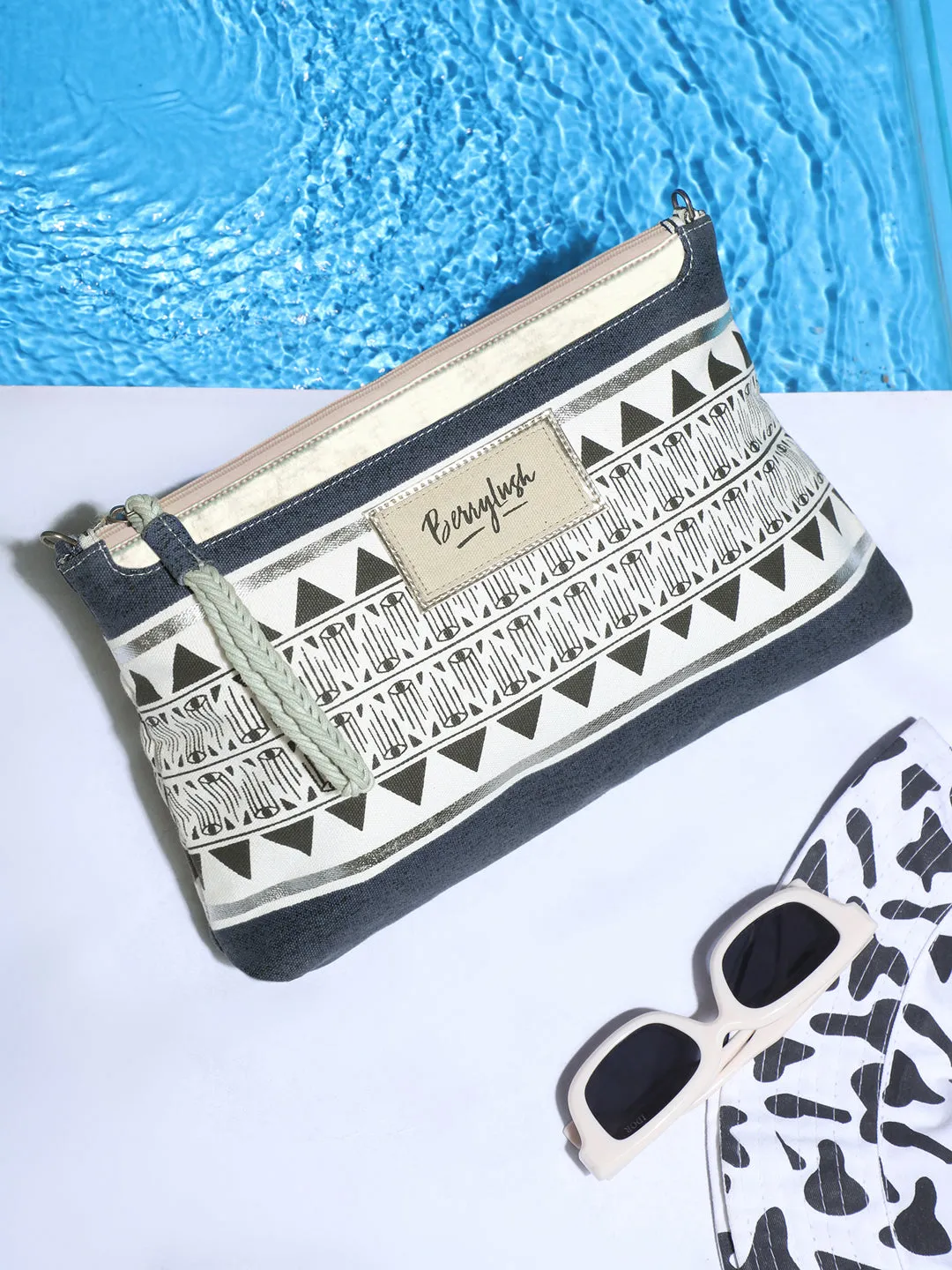 Berrylush Women Blue & White Ethnic Motif Printed Canvas Detachable Sling Strap Small Clutch/Sling Bag