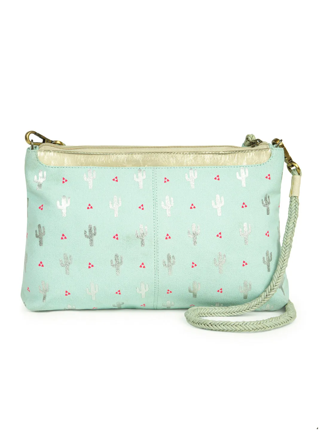 Berrylush Women Blue Cactus Printed Canvas Detachable Sling Strap Small Clutch/Sling Bag