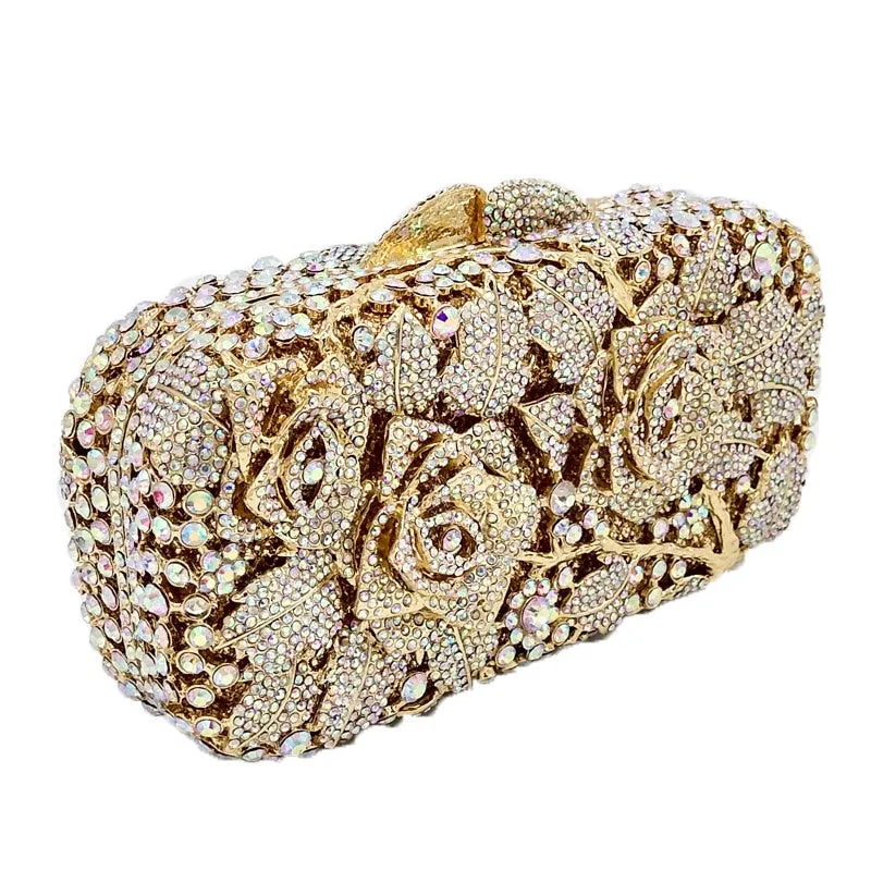 Bridal Metal Clutch Floral Rose Bag Women Crystal Gold Evening Bag