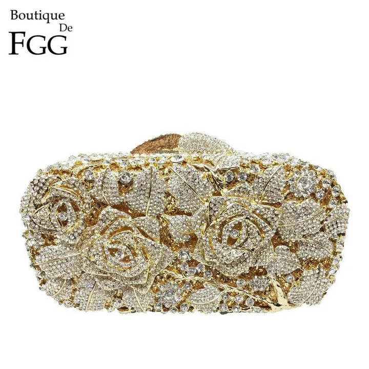 Bridal Metal Clutch Floral Rose Bag Women Crystal Gold Evening Bag