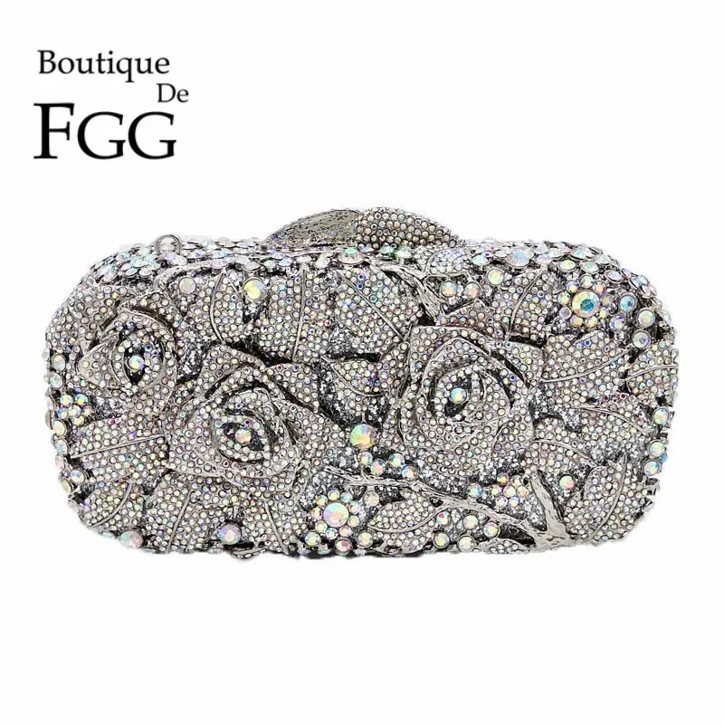 Bridal Metal Clutch Floral Rose Bag Women Crystal Gold Evening Bag