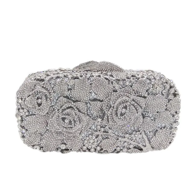 Bridal Metal Clutch Floral Rose Bag Women Crystal Gold Evening Bag