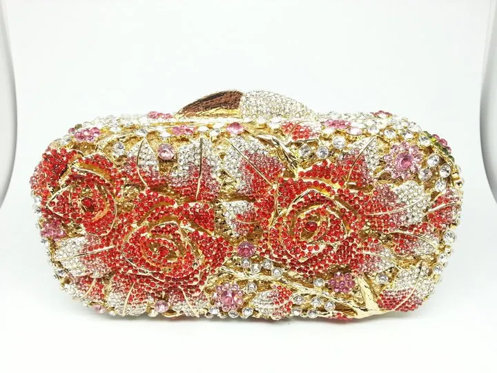 Bridal Metal Clutch Floral Rose Bag Women Crystal Gold Evening Bag