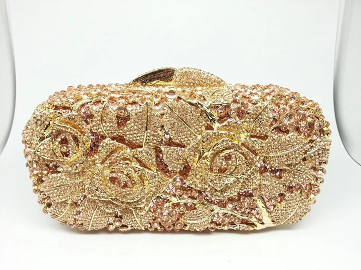 Bridal Metal Clutch Floral Rose Bag Women Crystal Gold Evening Bag