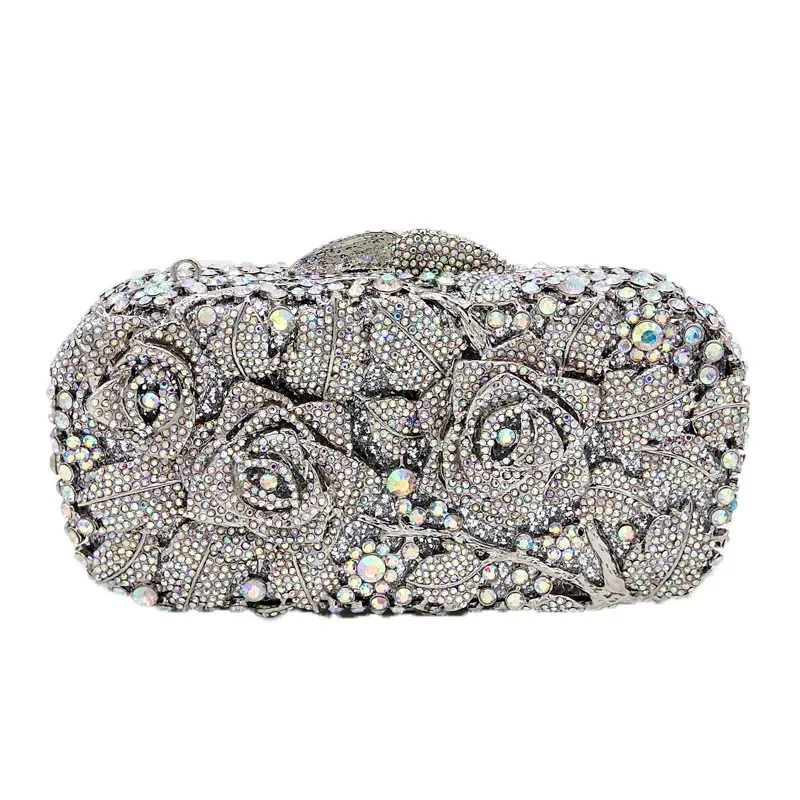 Bridal Metal Clutch Floral Rose Bag Women Crystal Gold Evening Bag