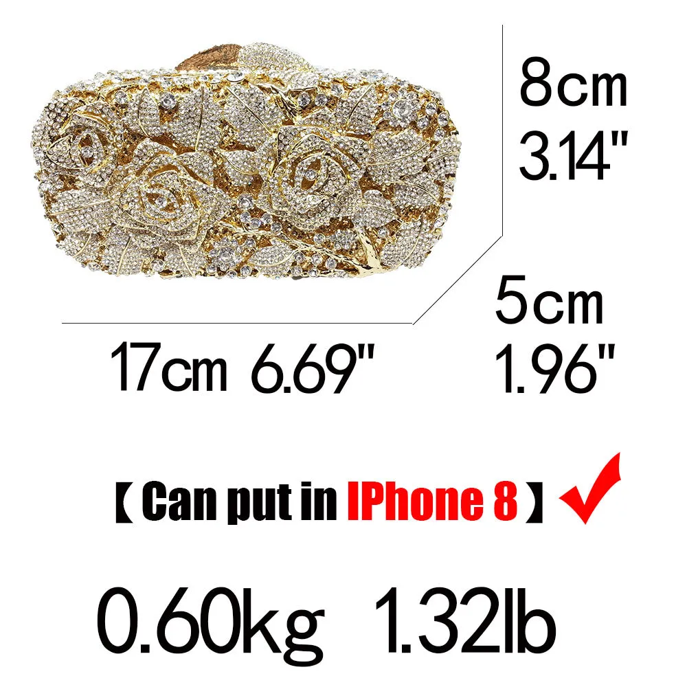 Bridal Metal Clutch Floral Rose Bag Women Crystal Gold Evening Bag