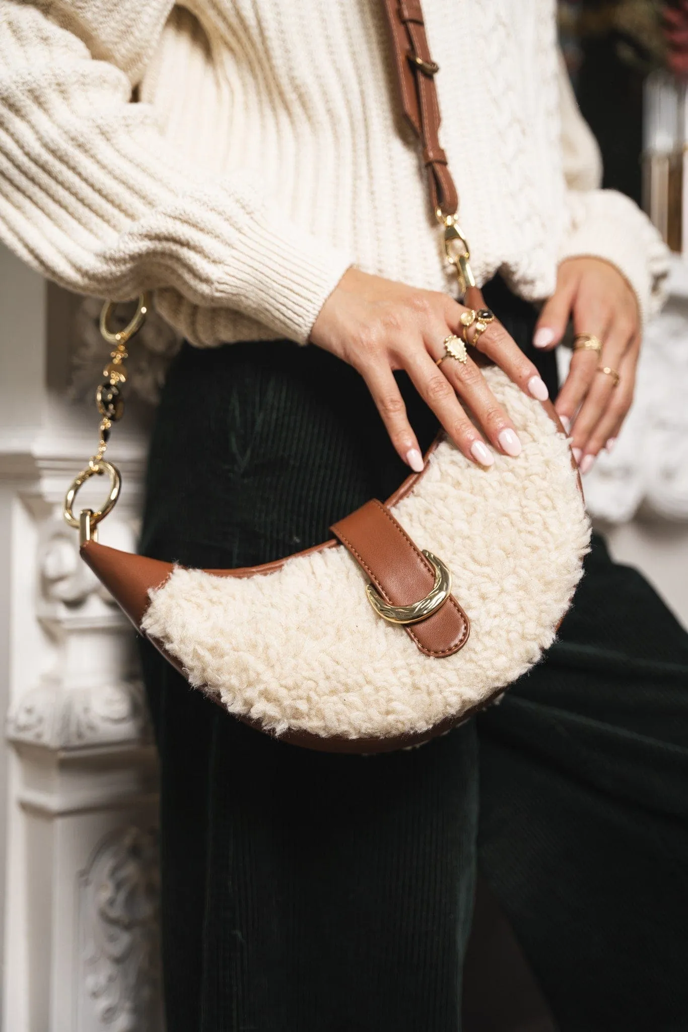 Callisto Vegan Leather & Vegan Fur Crossbody Bag | Chestnut & Beige