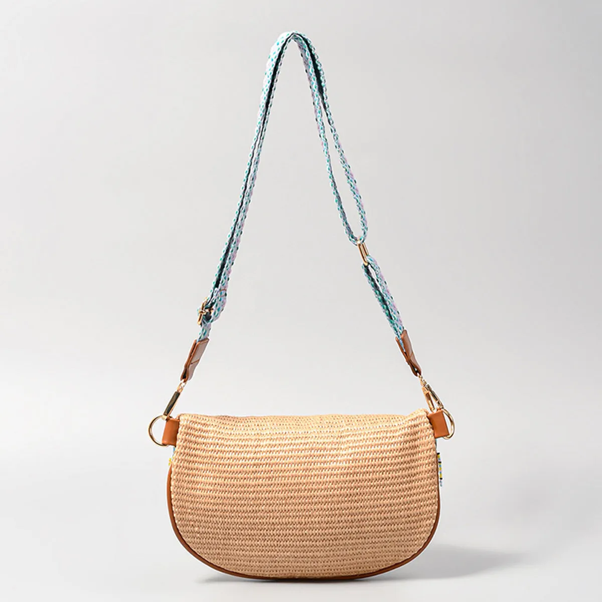 Explore More Collection - Bead Trim Straw Weave Crossbody Bag