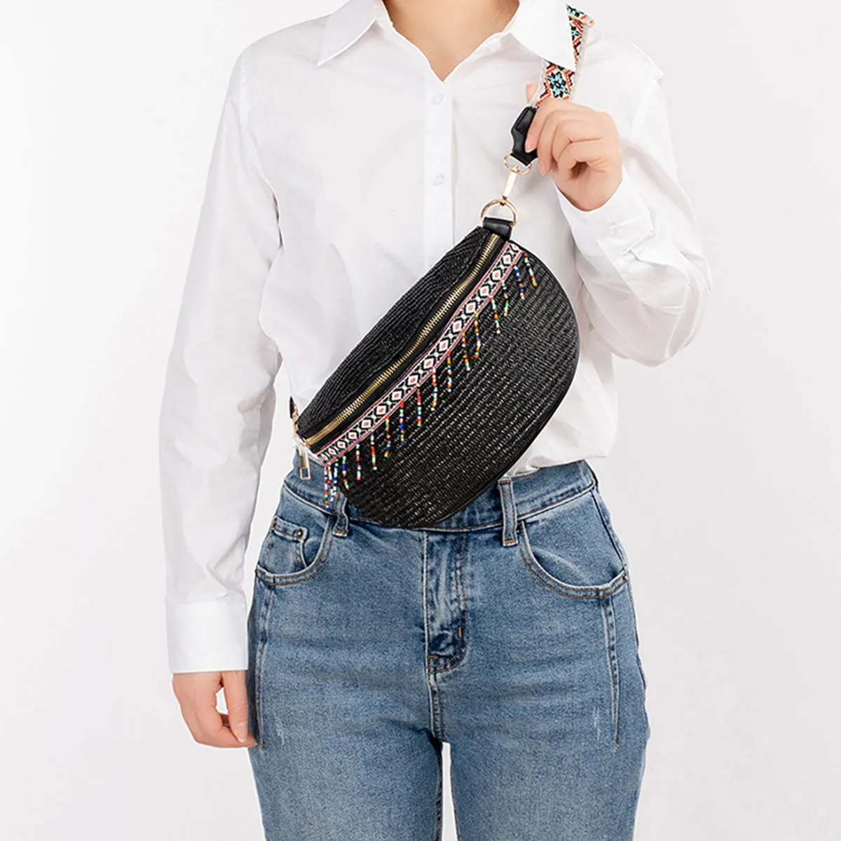 Explore More Collection - Bead Trim Straw Weave Crossbody Bag