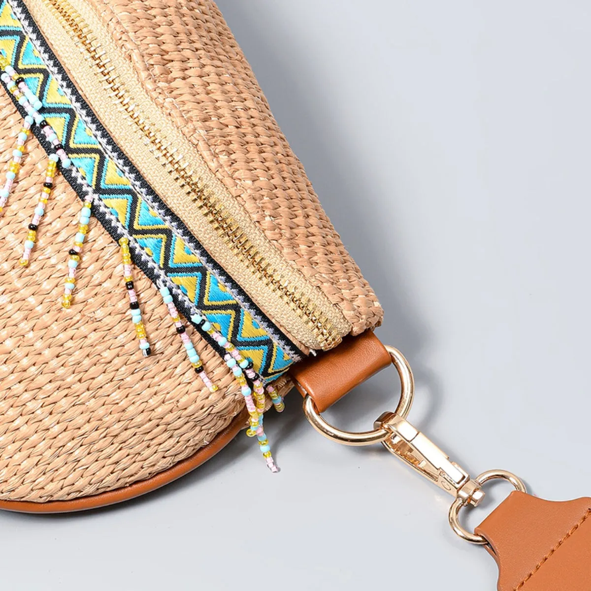 Explore More Collection - Bead Trim Straw Weave Crossbody Bag