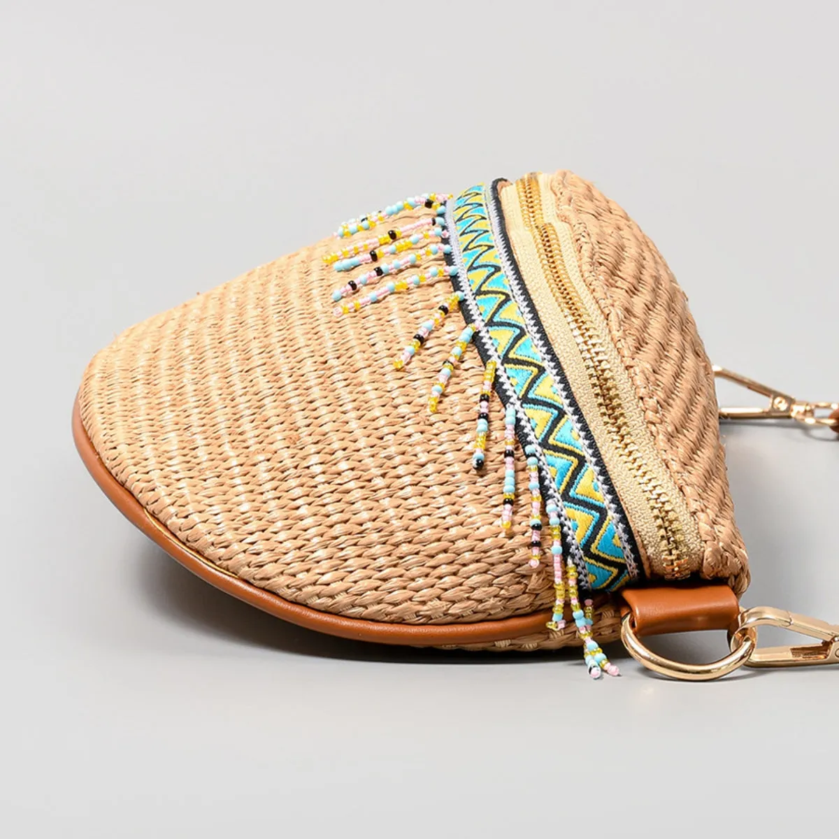 Explore More Collection - Bead Trim Straw Weave Crossbody Bag