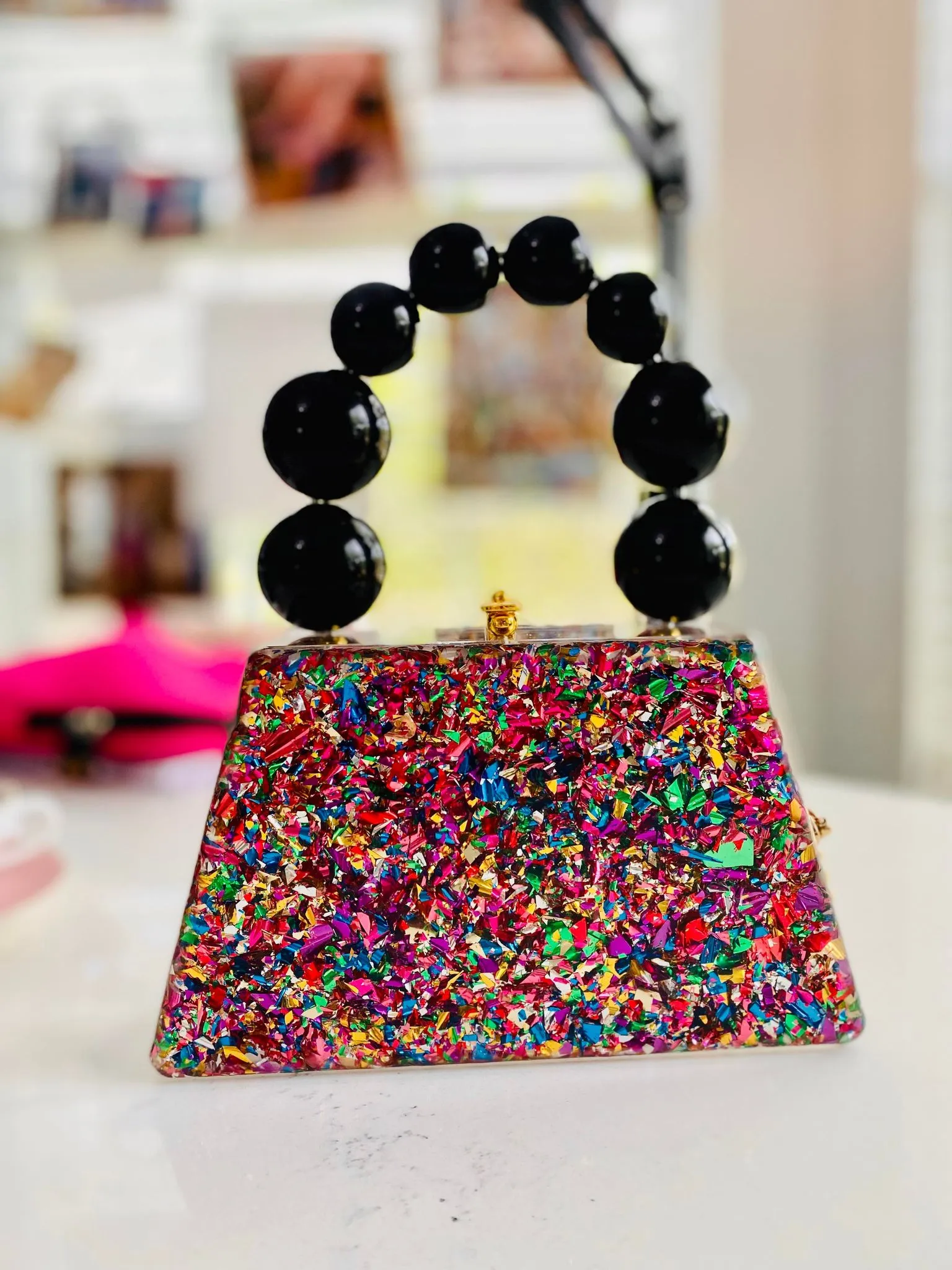 Forever Love Confetti Top Handle Acrylic Clutch