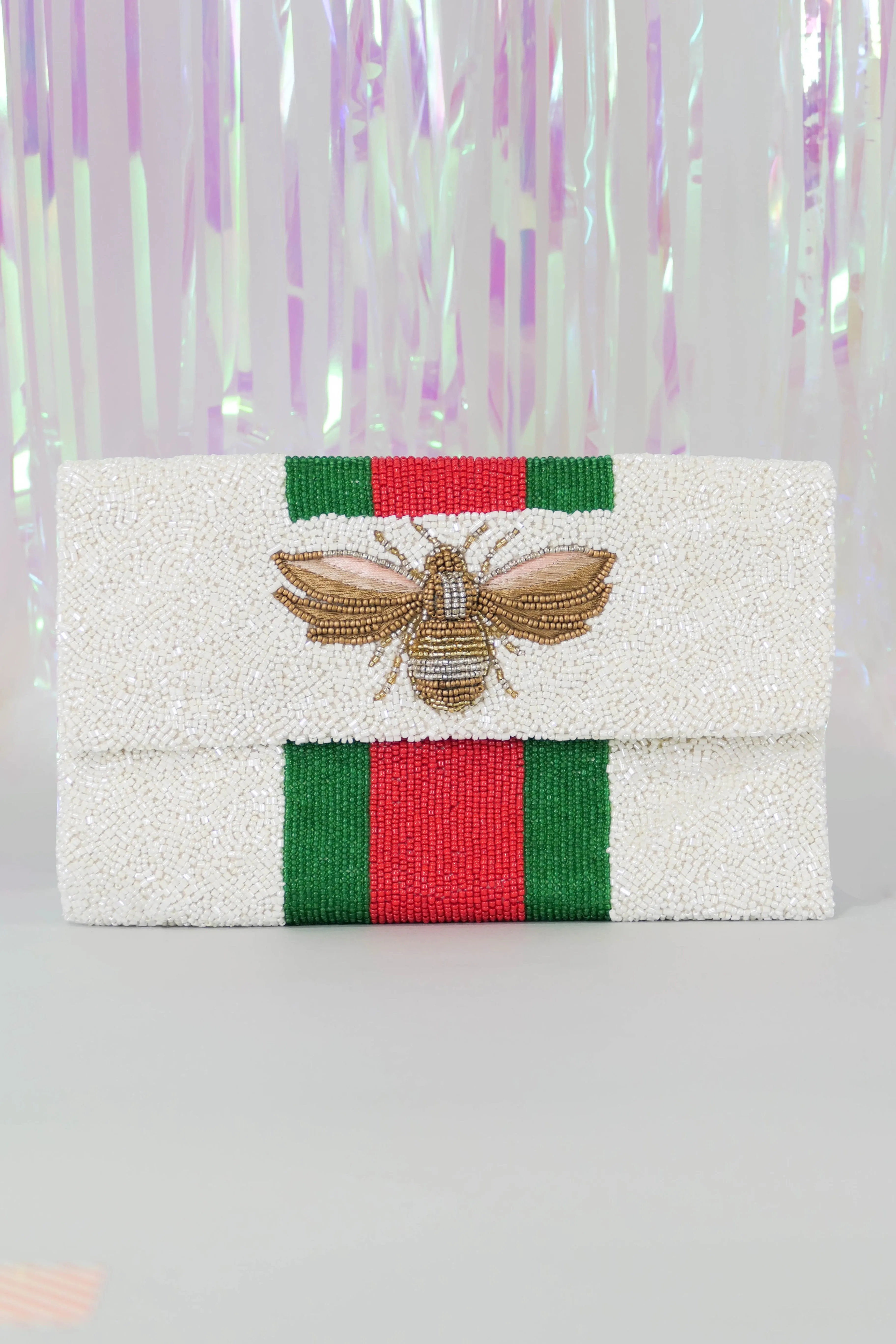 Glamfox - Green Red Stripe Bee Beaded Clutch Crossbody