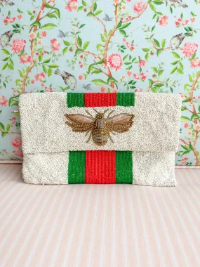 Glamfox - Green Red Stripe Bee Beaded Clutch Crossbody