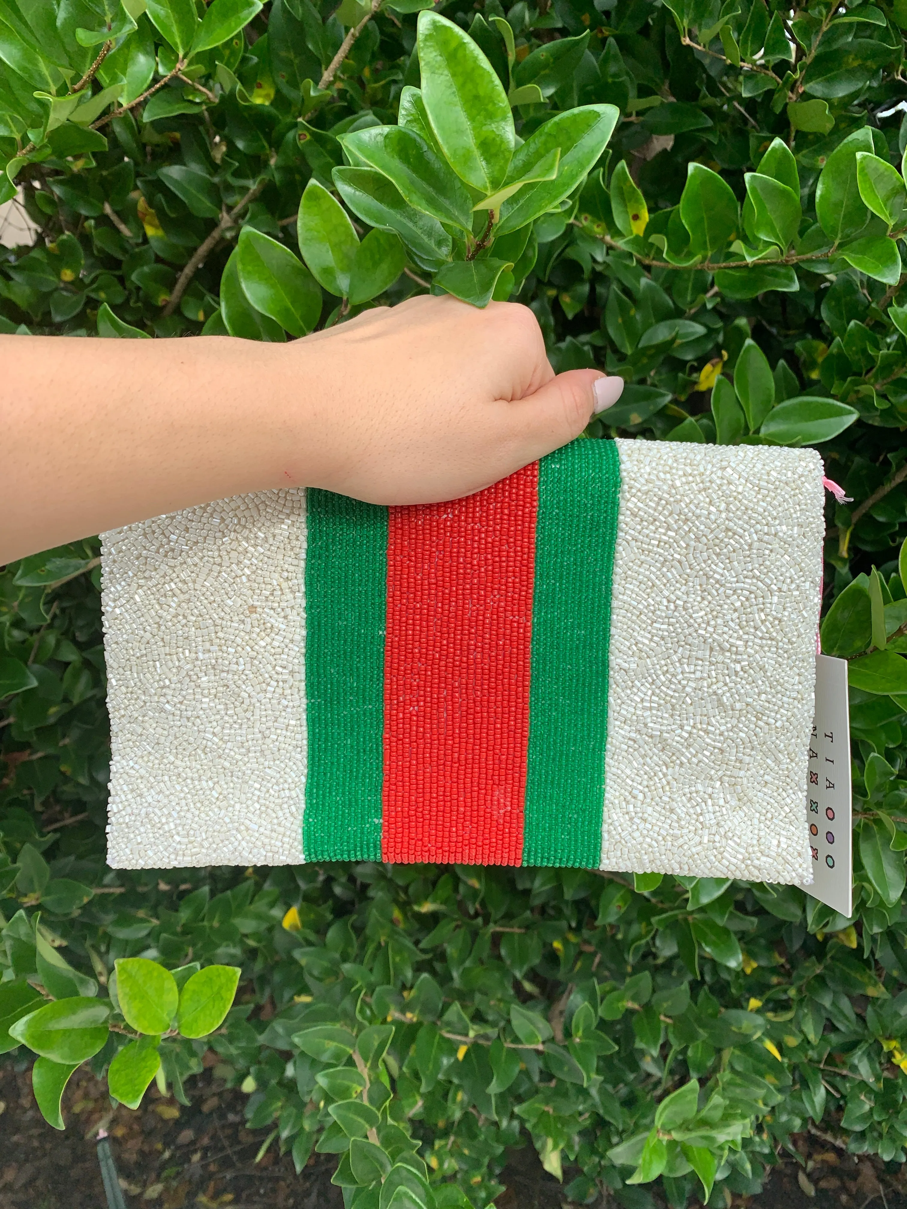 Glamfox - Green Red Stripe Bee Beaded Clutch Crossbody