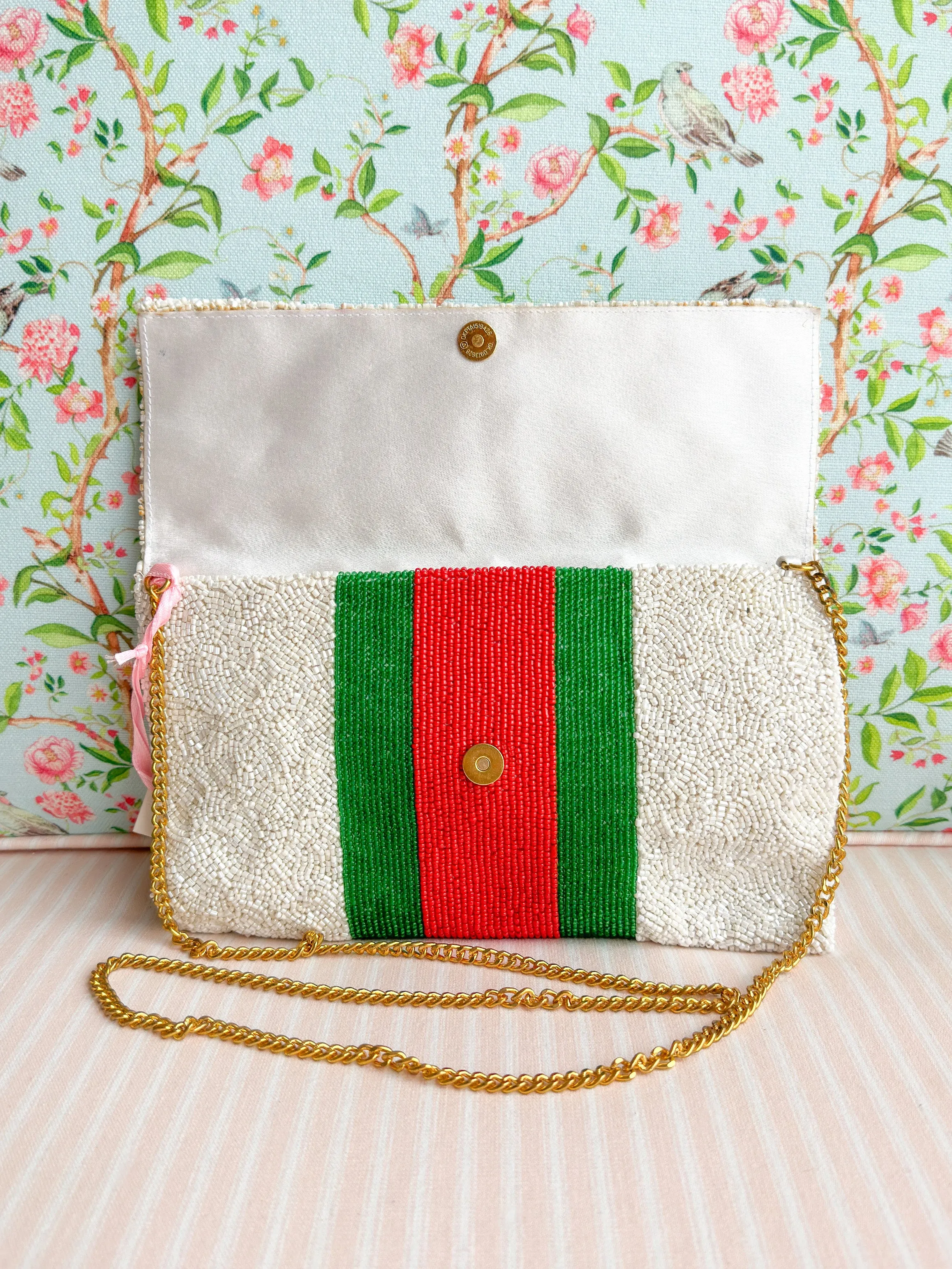 Glamfox - Green Red Stripe Bee Beaded Clutch Crossbody