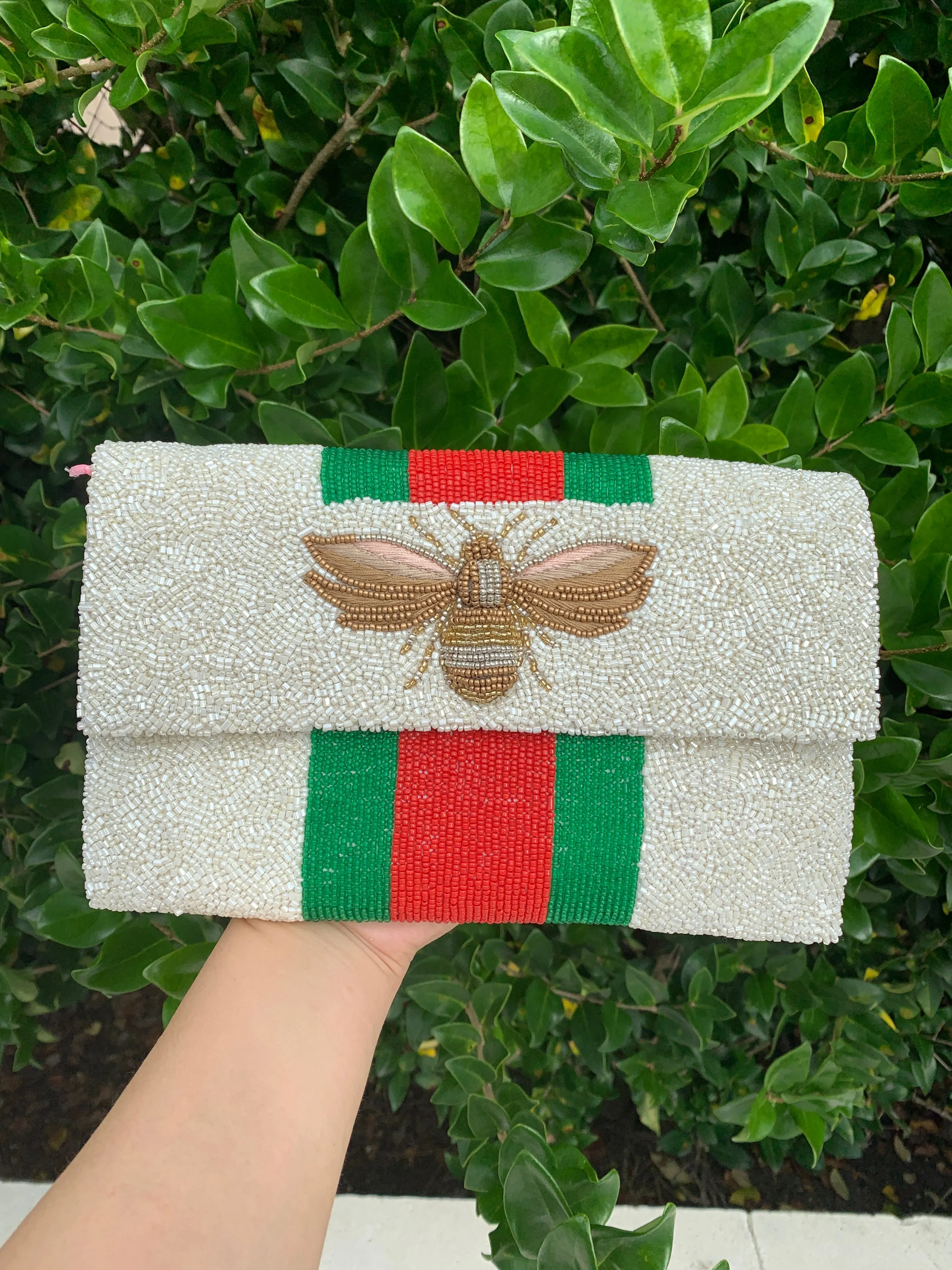 Glamfox - Green Red Stripe Bee Beaded Clutch Crossbody