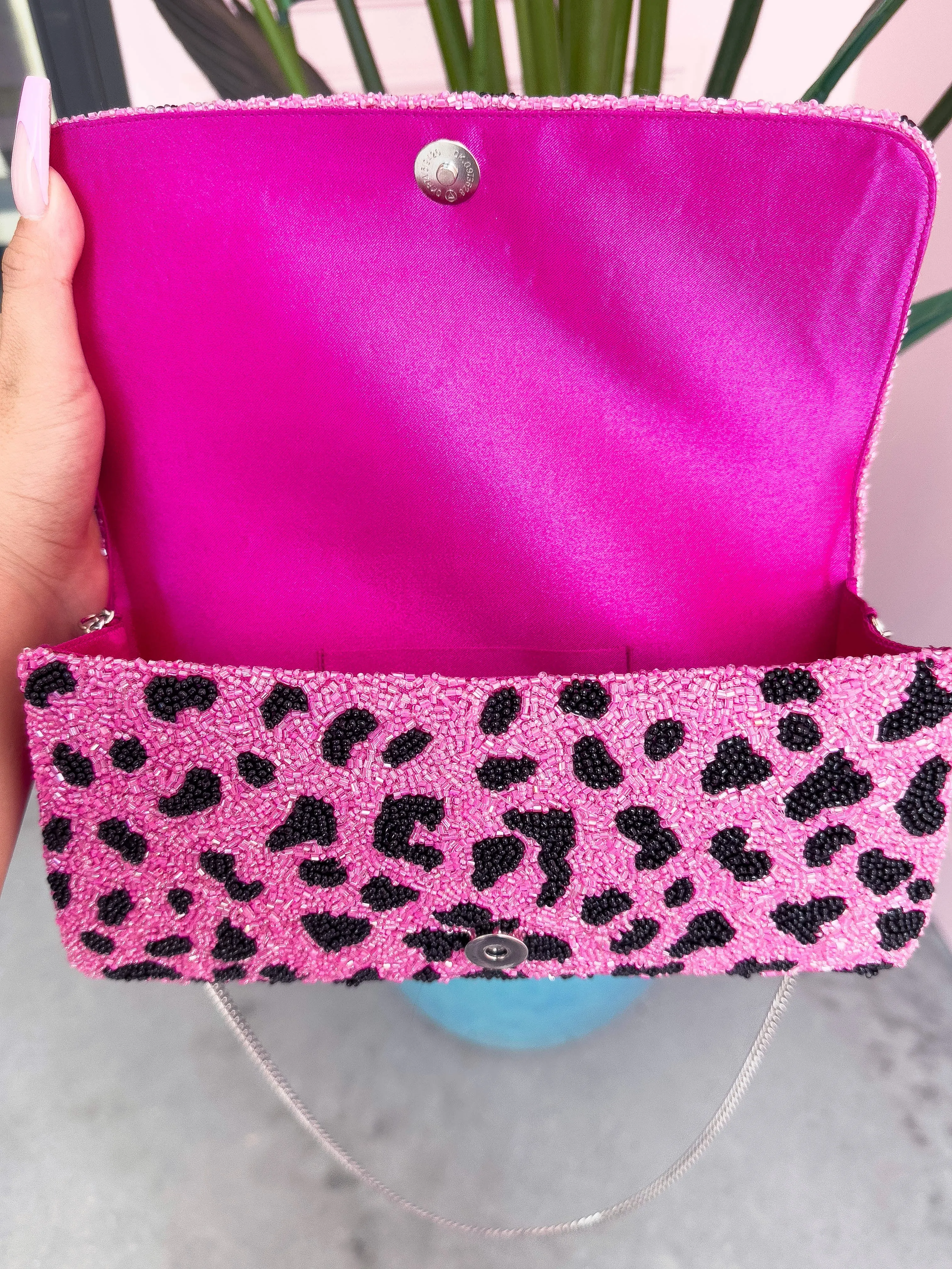 Glamfox - Hot Pink Leopard Beaded Clutch Crossbody