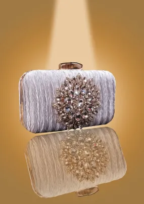 'Golden Stone Round Brooch Clutch on Shimmery Grey Fabric' by Oorvi Desai (OD - B 50 Grey)