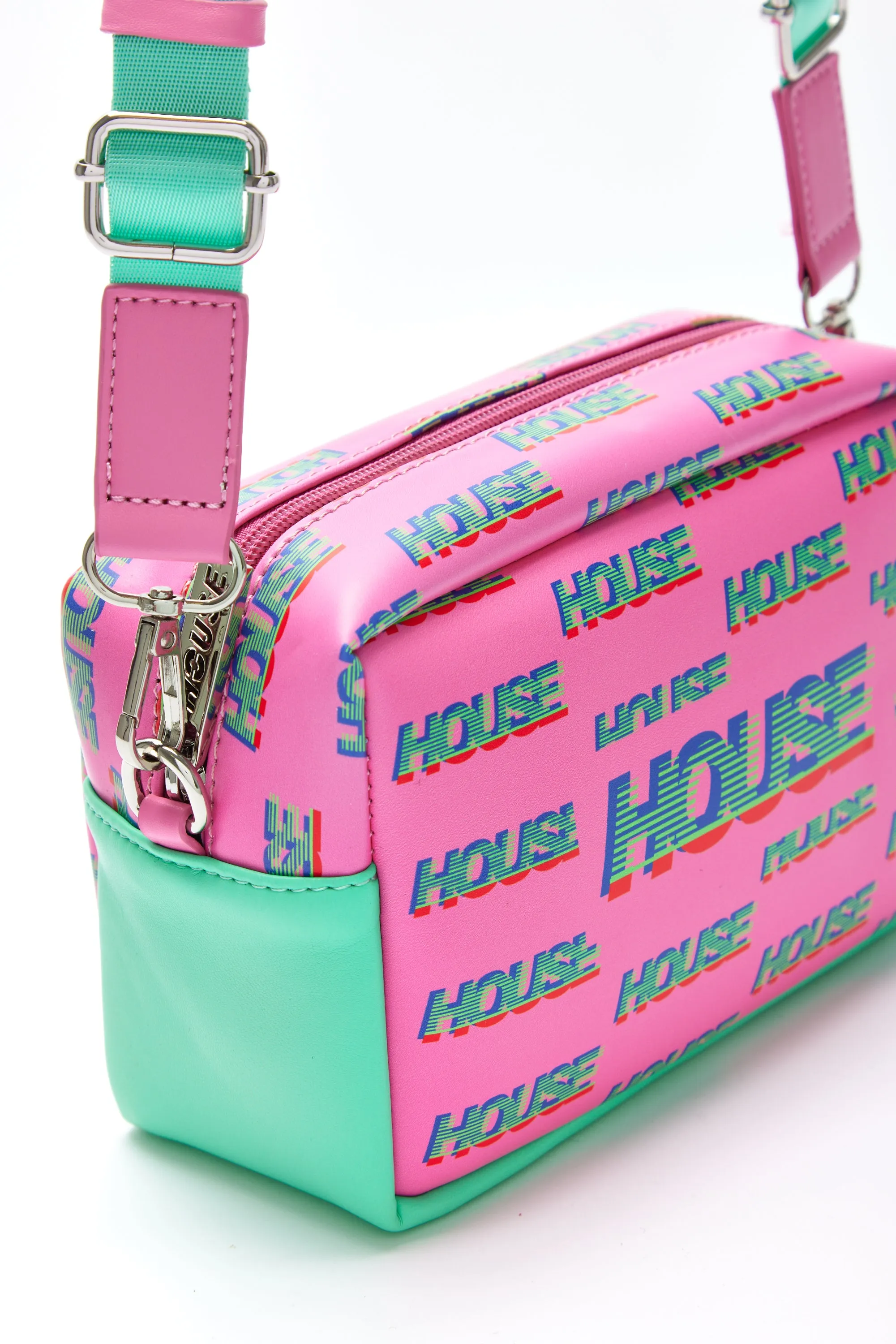 House Of Holland Cross Body Bag In Pink And Mint With ‘House’ Print