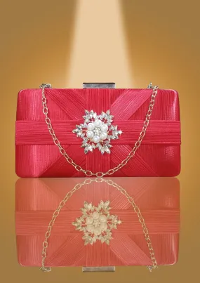 'Lustrous Criss-Cross Patterned Clutch with Pearl Brooch by Oorvi Desai' (OD - B 29  Gold/ Red/ Grey)