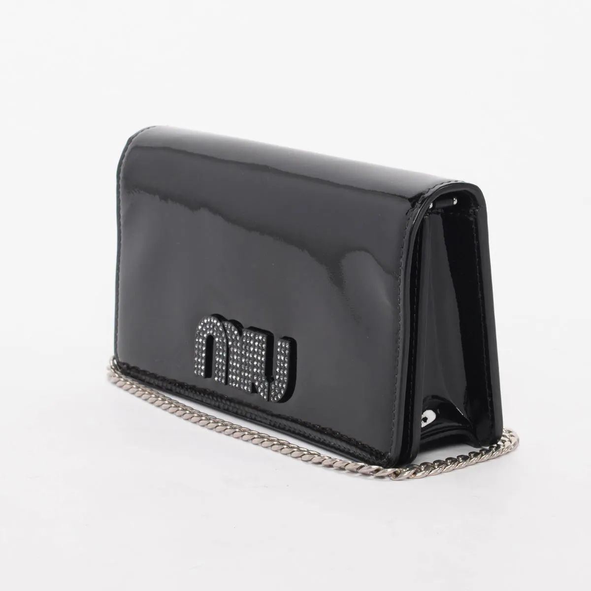 Miu Miu Black Patent Crystal Logo Clutch With Chain