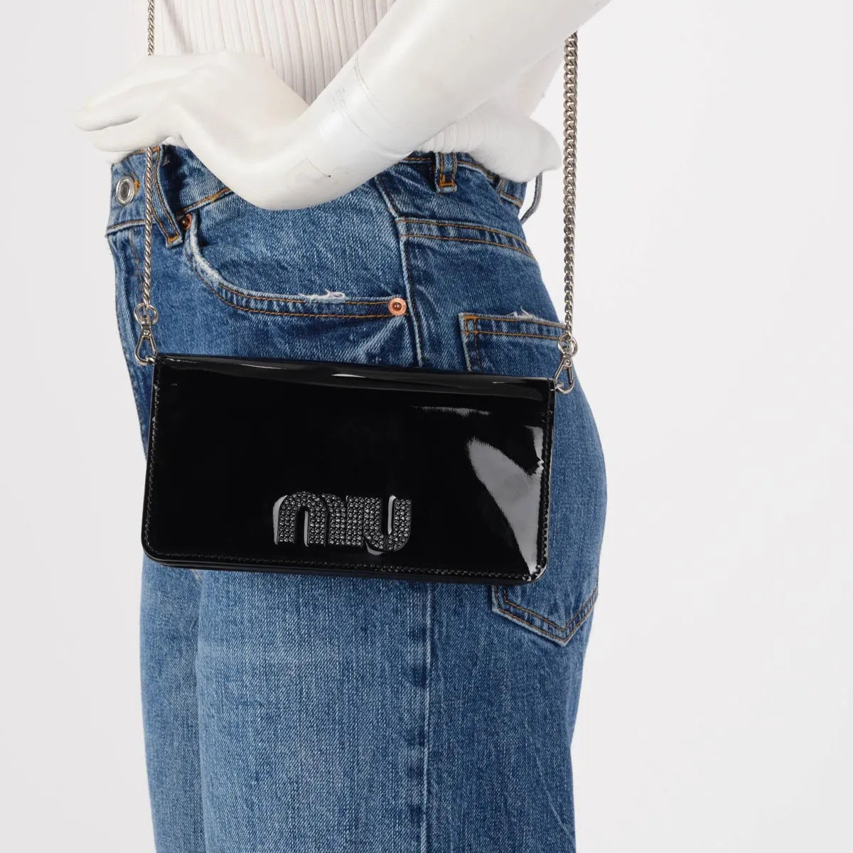 Miu Miu Black Patent Crystal Logo Clutch With Chain