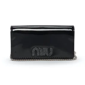 Miu Miu Black Patent Crystal Logo Clutch With Chain