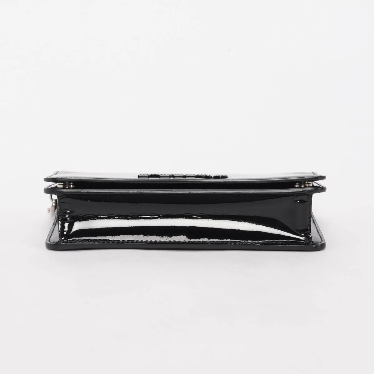 Miu Miu Black Patent Crystal Logo Clutch With Chain