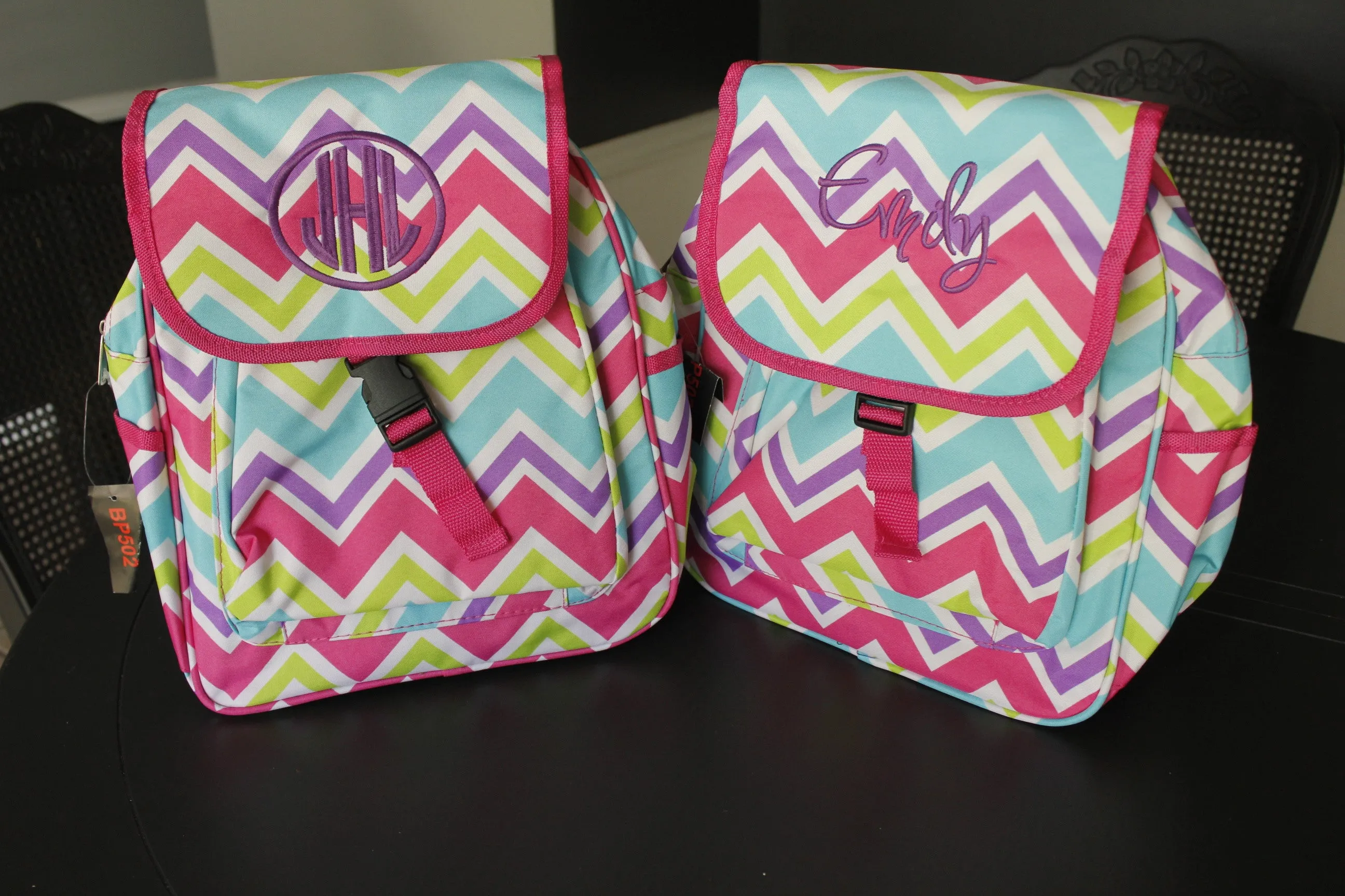 Monogrammed Rainbow Pink Chevron toddler backpack