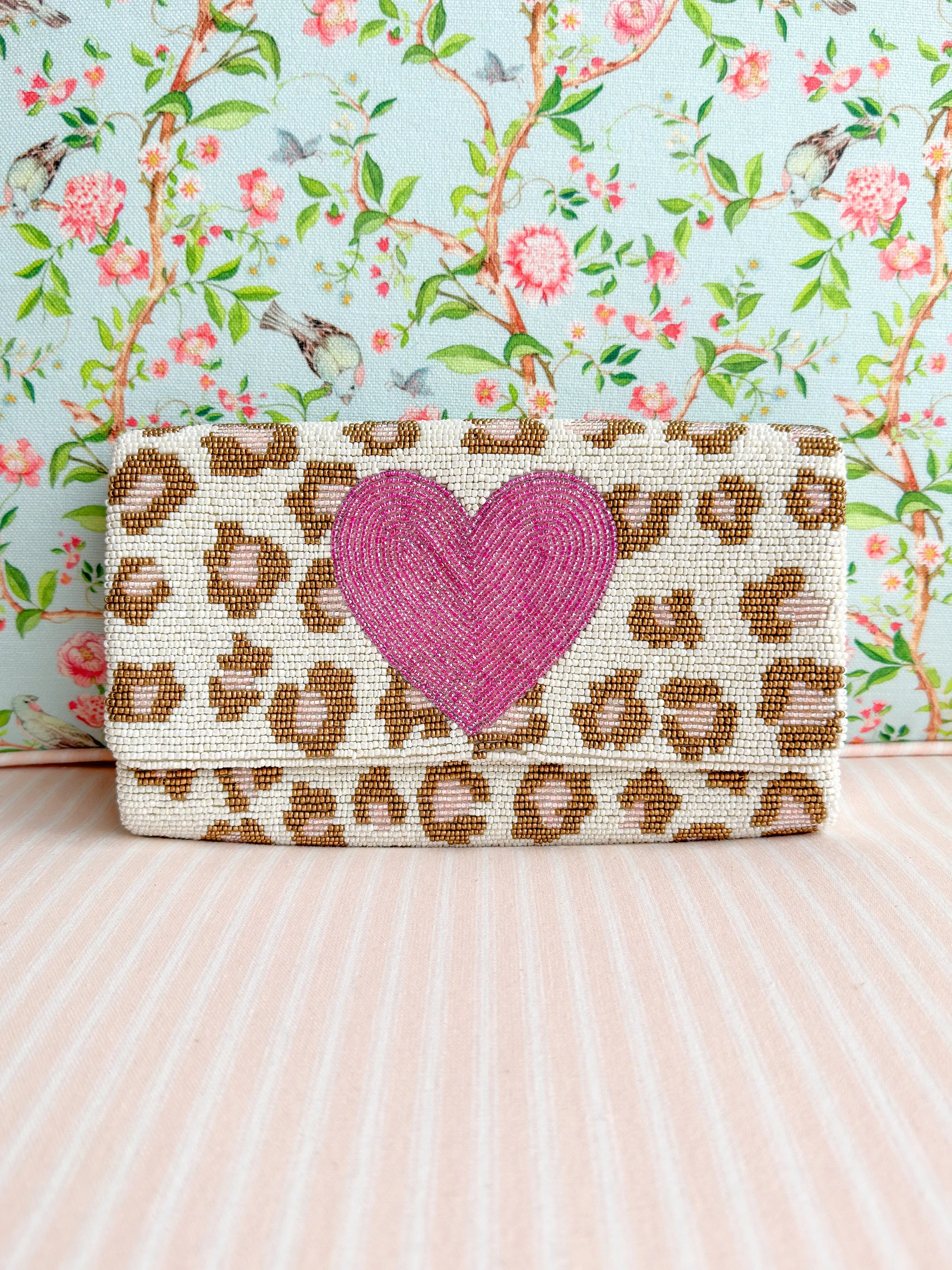 Pink Heart Leopard Beaded Clutch Crossbody