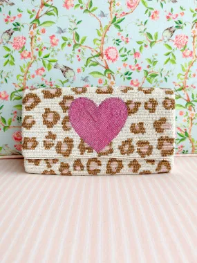 Pink Heart Leopard Beaded Clutch Crossbody