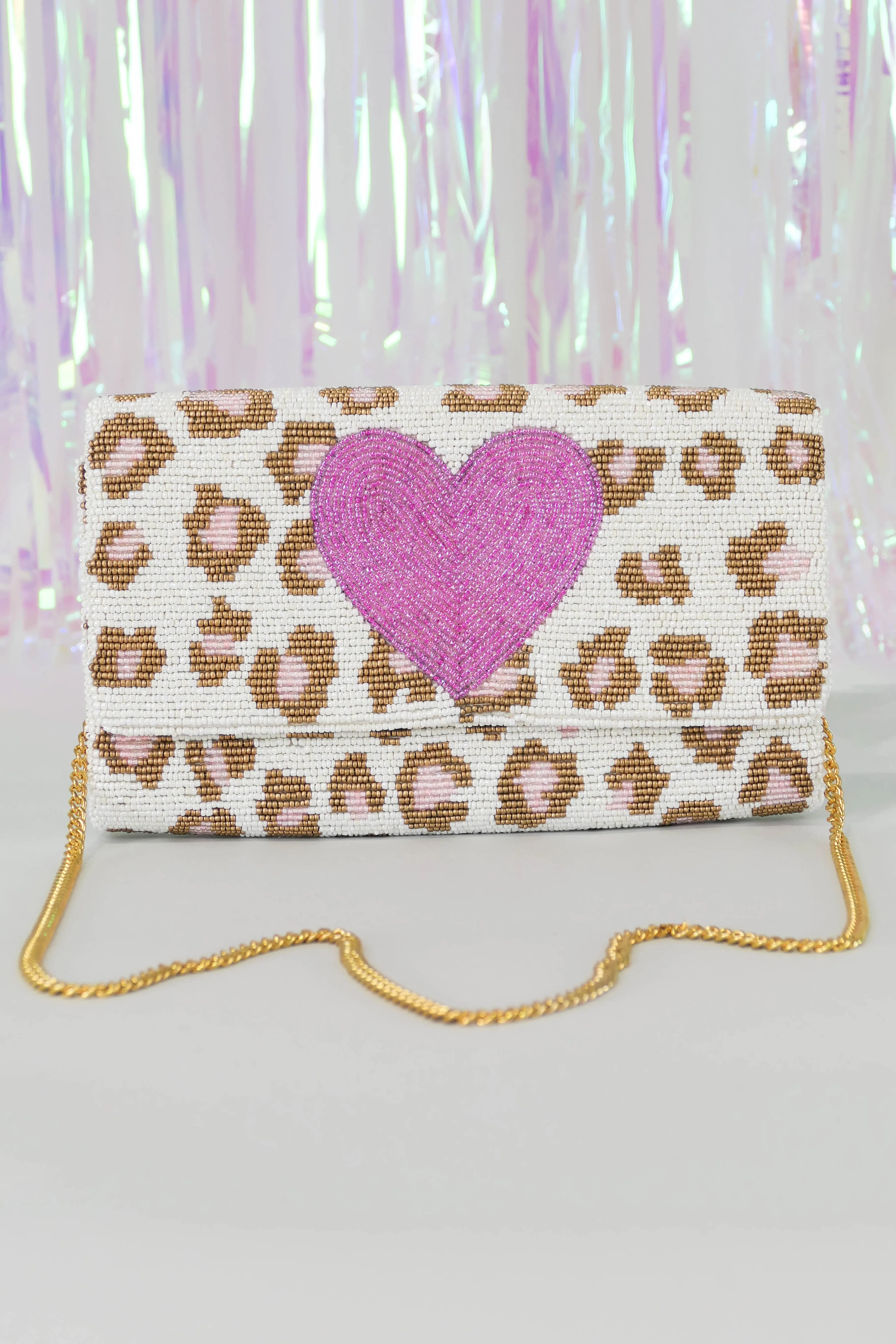 Pink Heart Leopard Beaded Clutch Crossbody