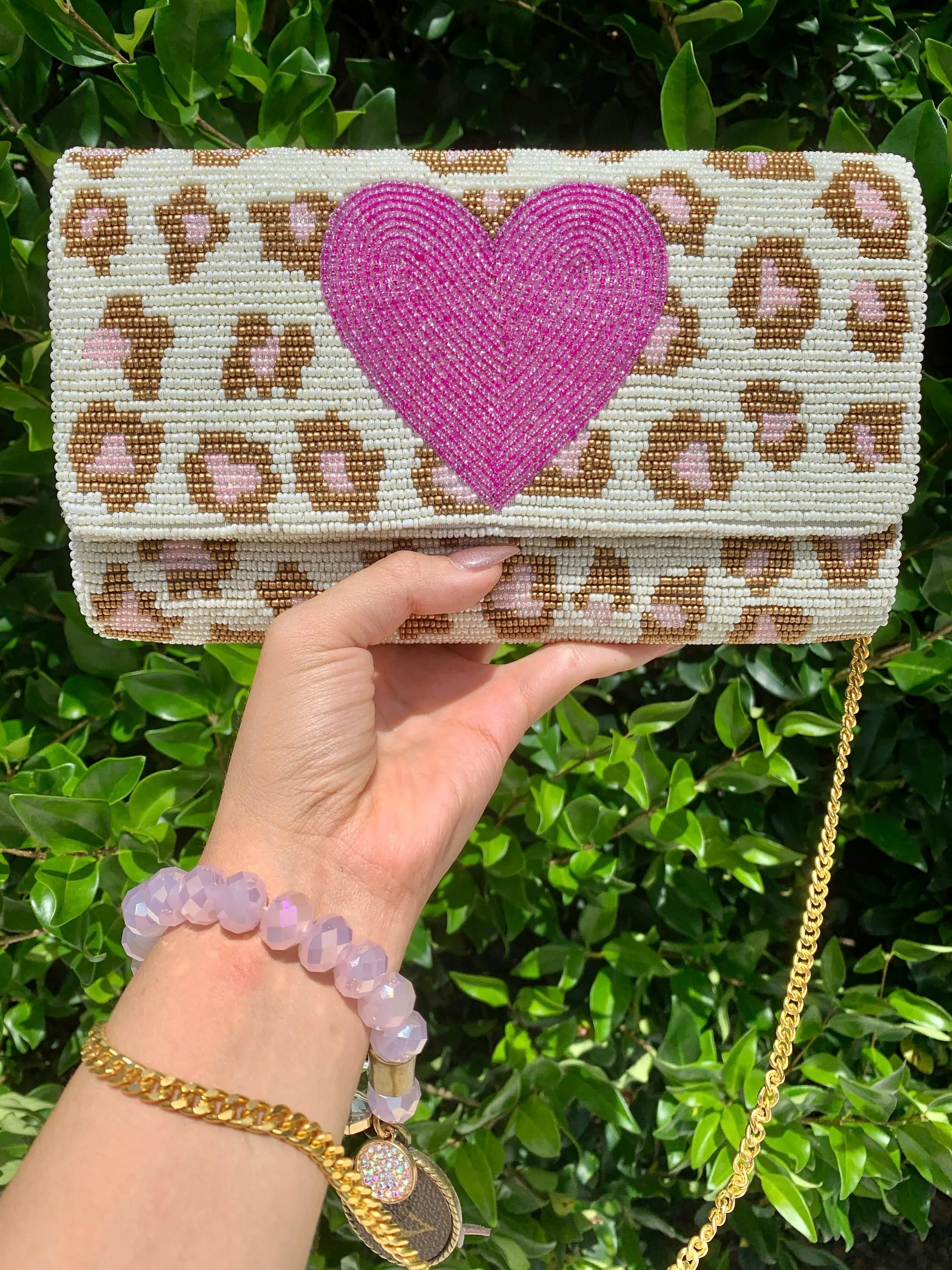 Pink Heart Leopard Beaded Clutch Crossbody