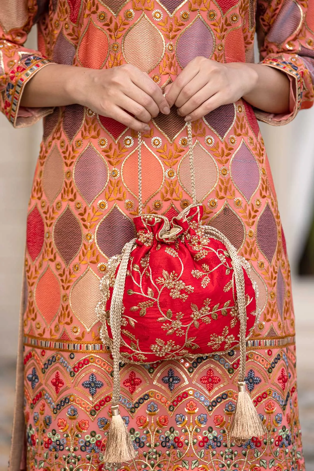 Red Embroidered Pearl Potli bag