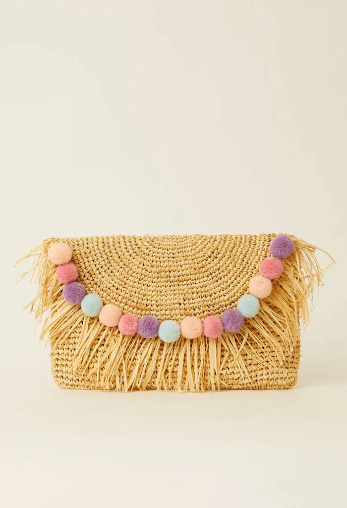 Sera Pom Pom Clutch-Natural Pastel Rainbow