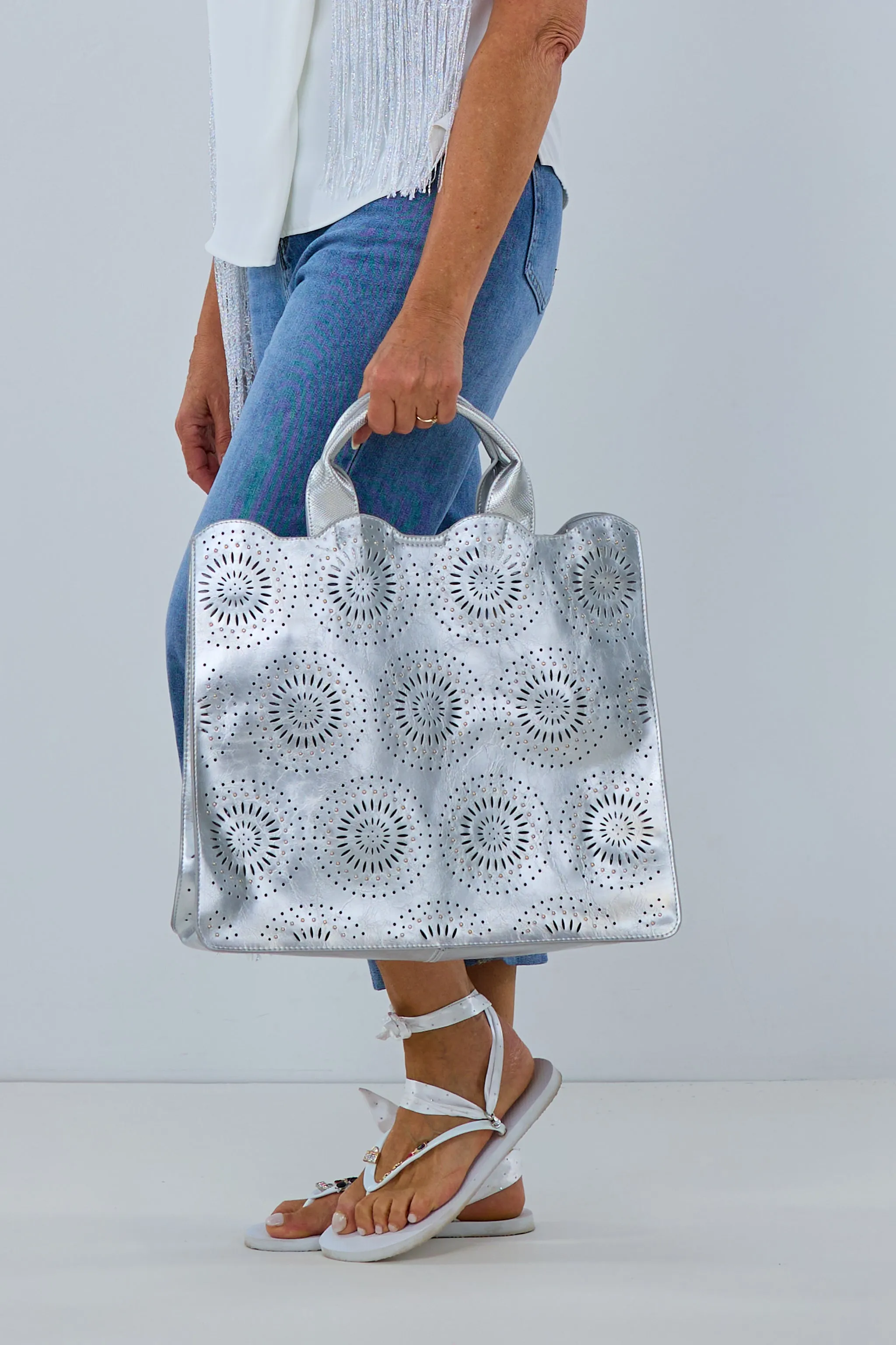 Shopper Bag in Bag mit Kreismotiv, silber metallic