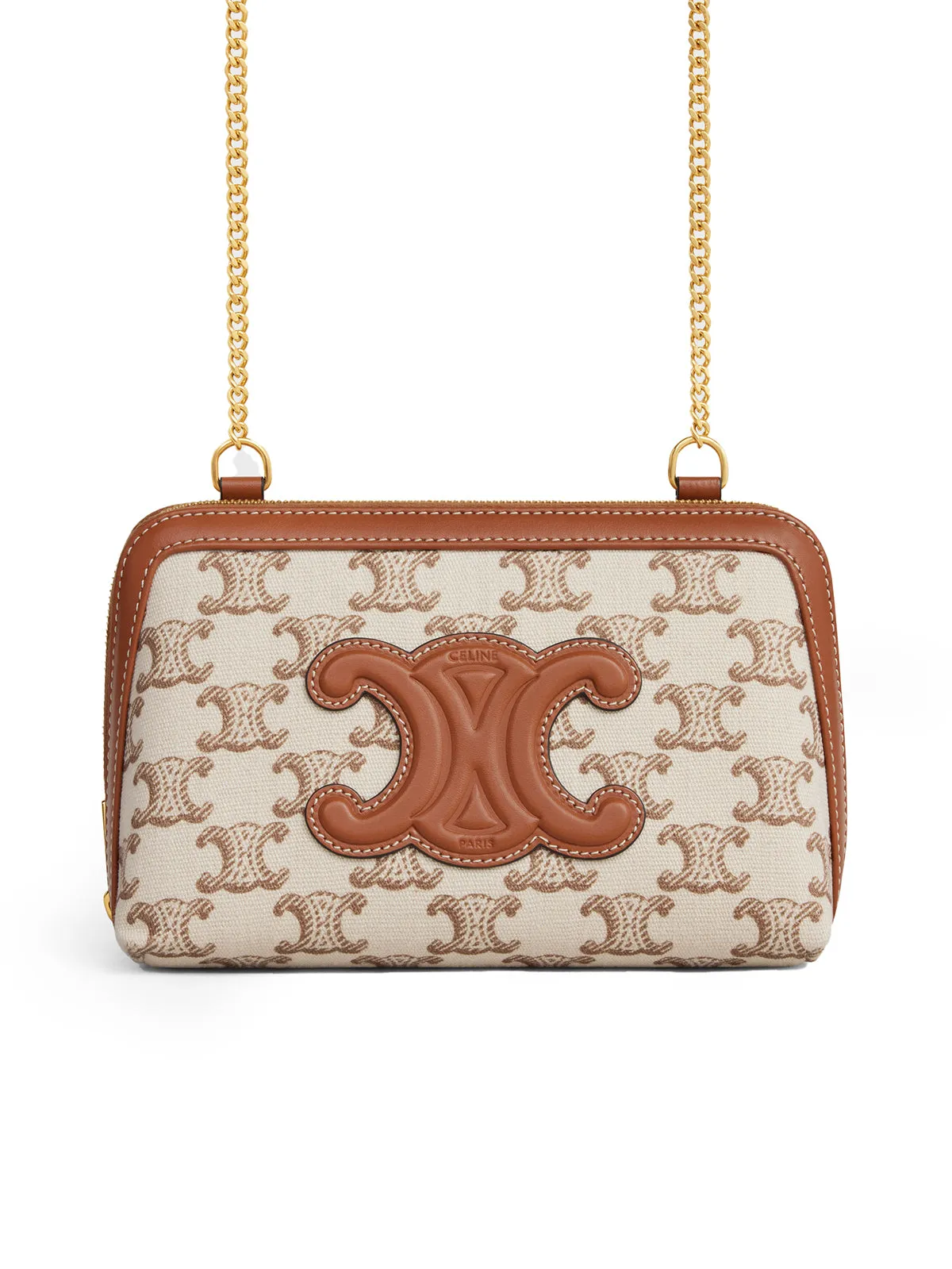 TRIOMPHE CUIR CLUTCH WITH CHAIN IN TRIOMPHE PRINT FABRIC AND WHITE CALF LEATHER