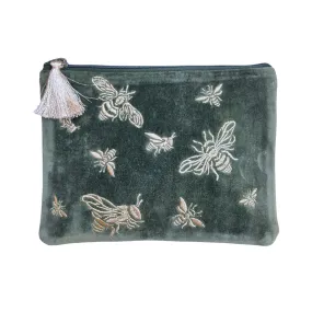 Zoda - Embroidered Velvet Clutch -  Olive Bees